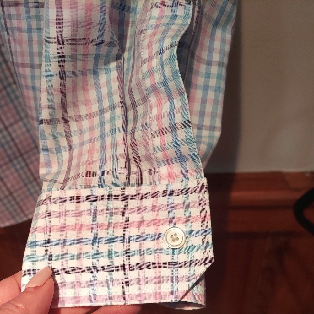 Banana Republic Mens Non-Iron Preppy Plaid Button Down Shirt Pink Blue - Picture 4 of 5
